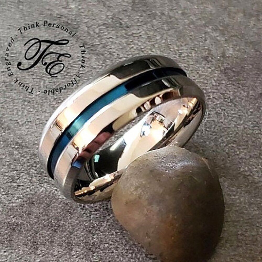 Men's Silver Promise Ring Band - Blue Line Center Groove Blue Line Promise Ring